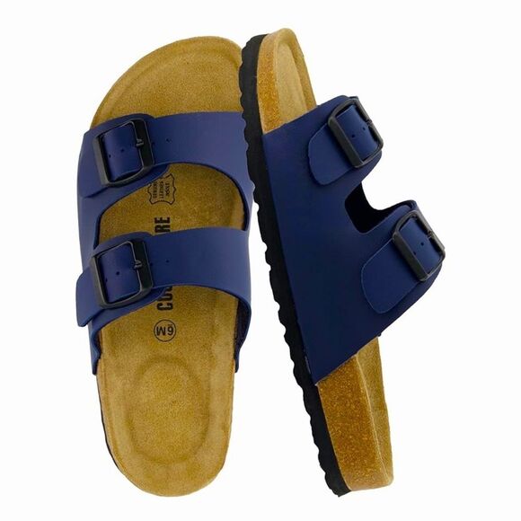 Cushionaire LANE Blue Nappa Leather Suede Pad Double Strap Slide Sandal - Picture 1 of 16